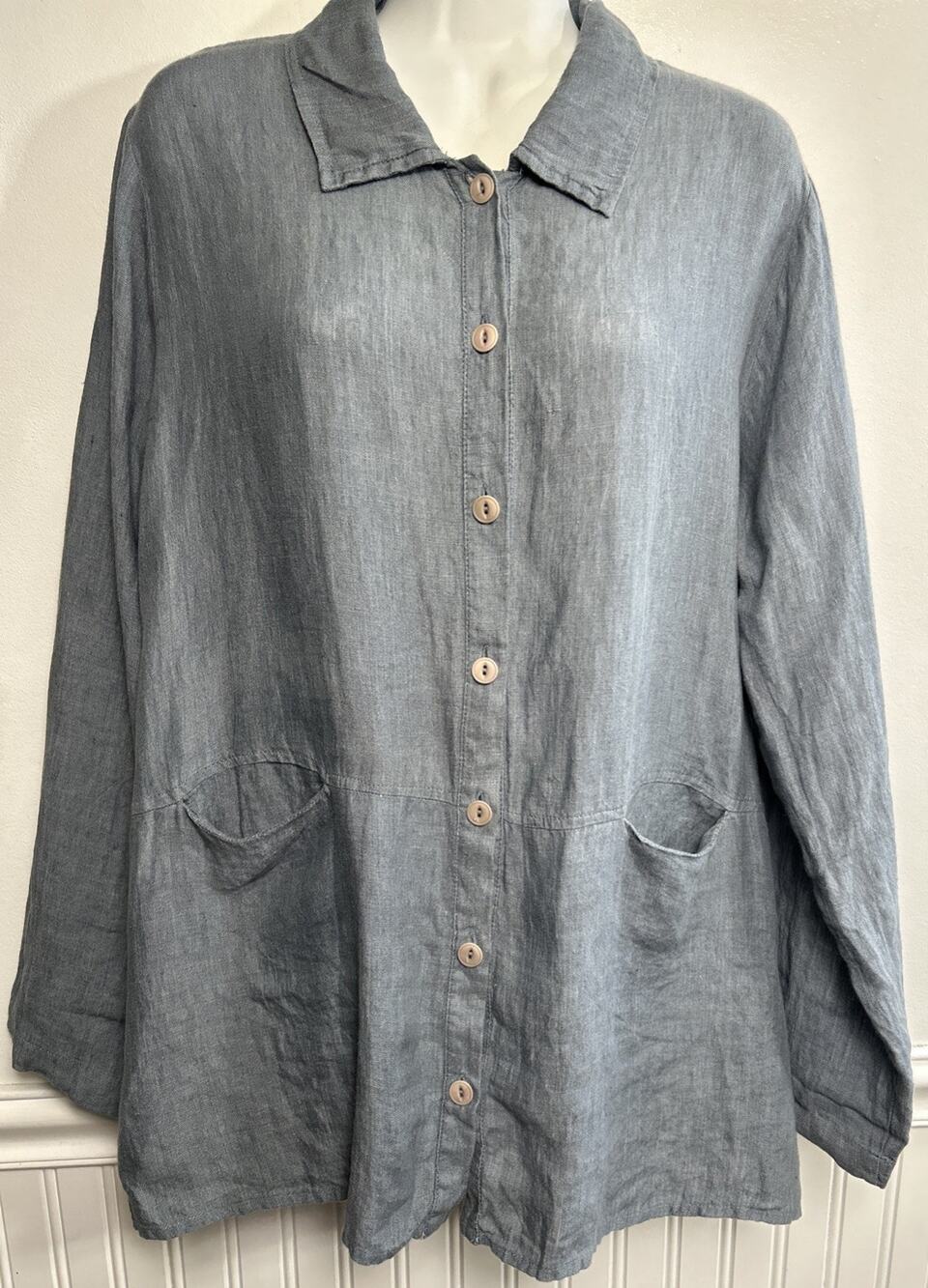 Flax 100% Linen Button Up Button Front Top Blue L/S Pockets Women’s M Lagenlook